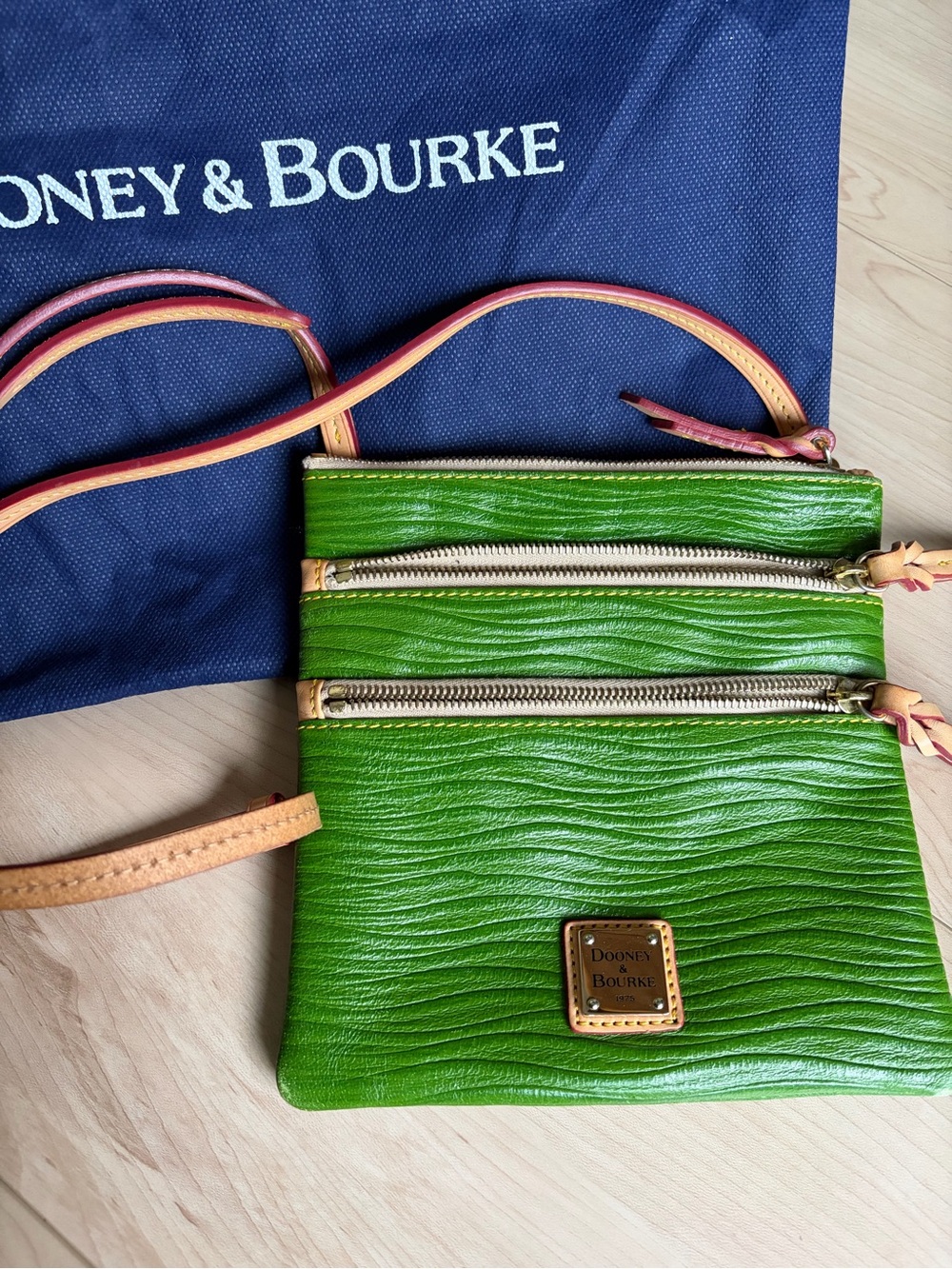 Dooney & Bourke Green Leather Crossbody with Tan Trim
